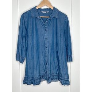 Joan Rivers Chambray Ruffled Hem Button Up Tunic Top